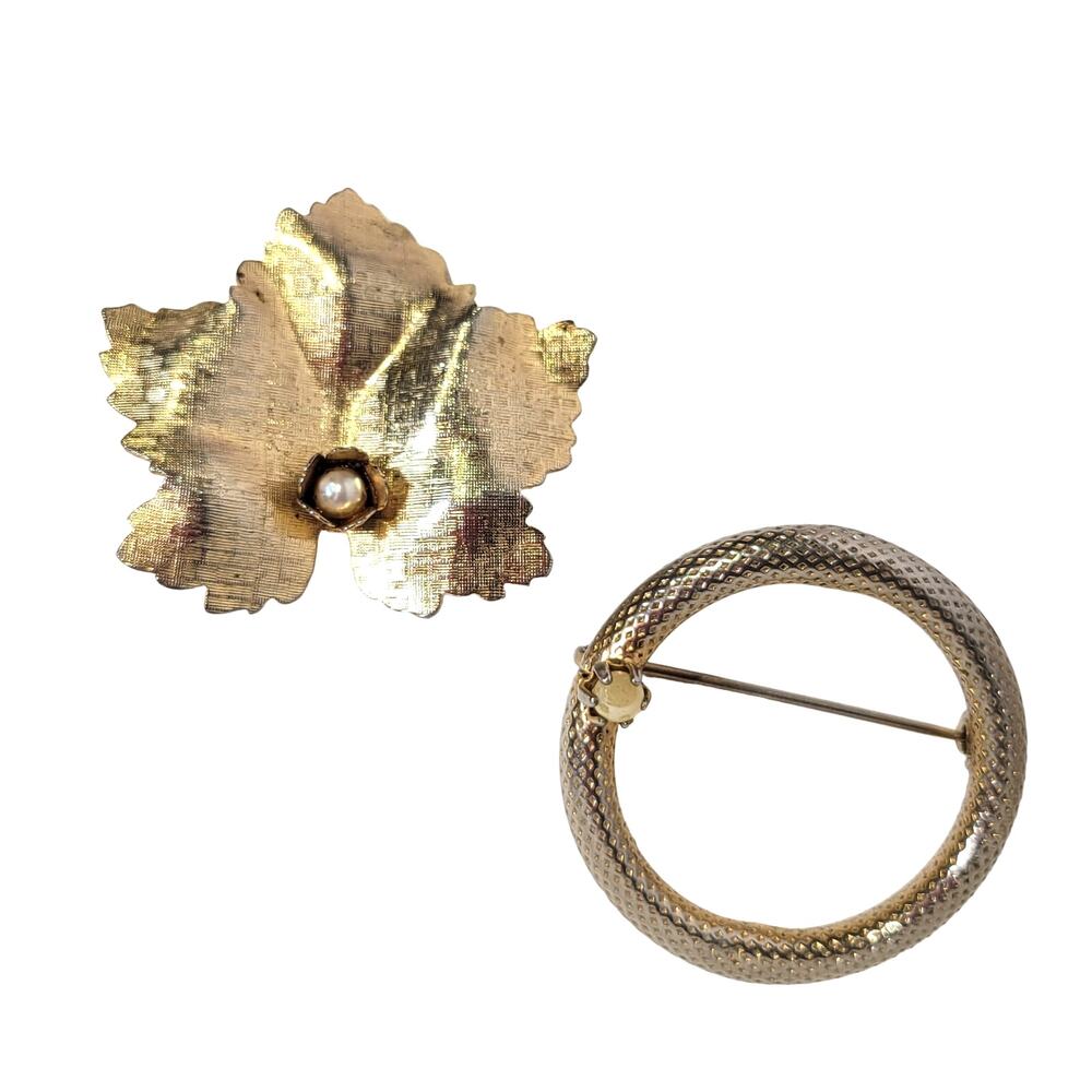 Vintage Gold Tone Textured Circle Brooch & Leaf Pin with Faux Pearl, Elegant Set